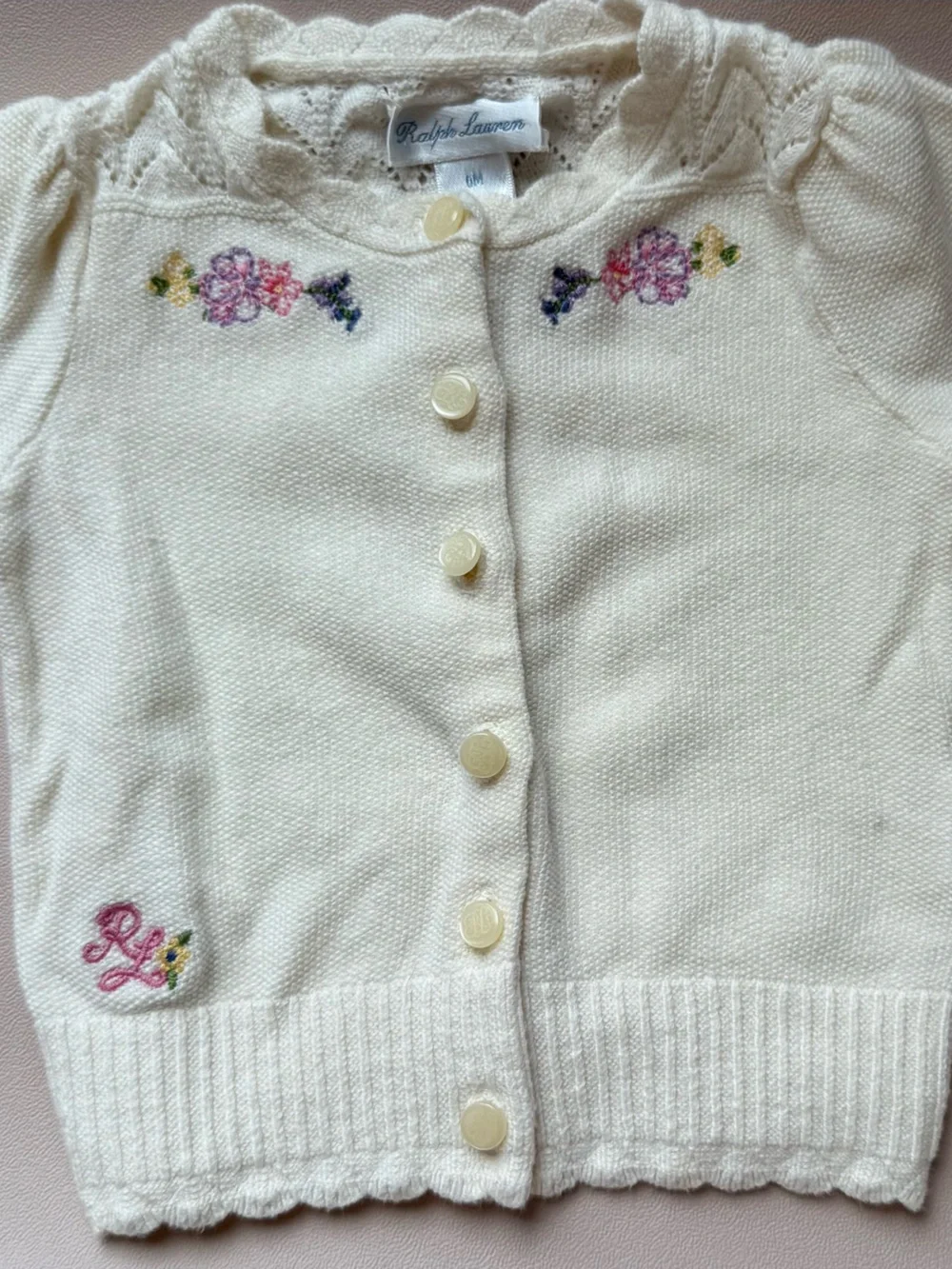 Ralph Lauren Cream Baby Cardigan with Pink Floral Embroidery